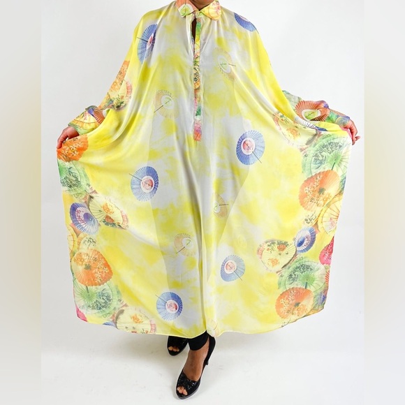 Yellow Multocolor Long Sleeve Chiffon Sheer Kaftan Maxi Dress - Picture 1 of 7